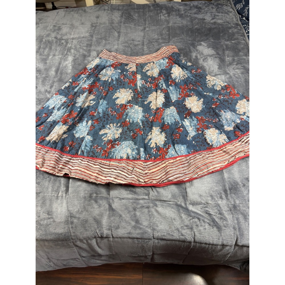 Anokhi Womens XL Blue Red Floral Hand Block Print Cotton Boho Midi A-Line Skirt